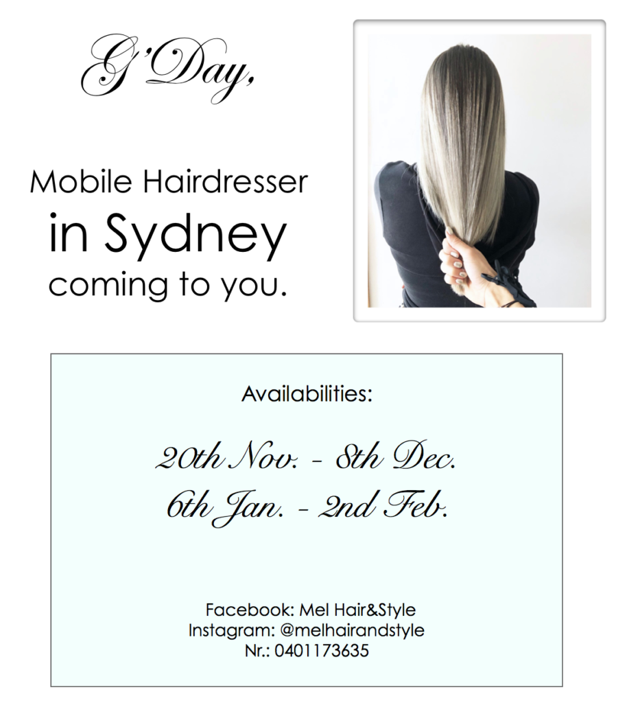 mobile hairdresser in Sydney Mel hair and style